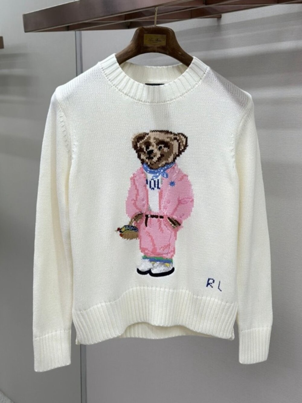 Polo by Ralph Lauren Cream Crewneck Sweater with Pink Bear Motif